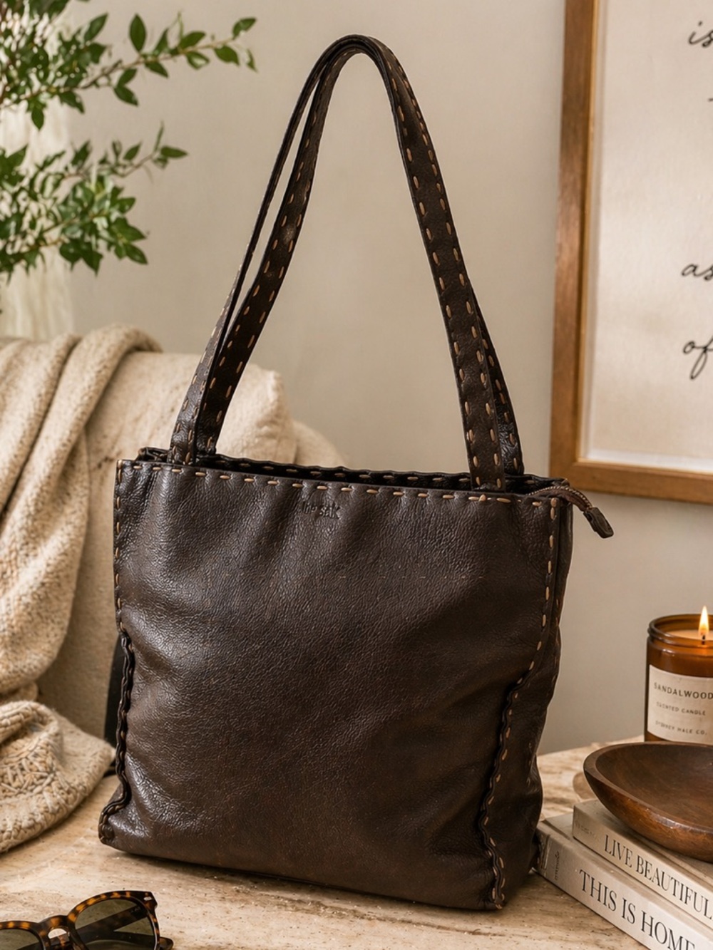 The Sak Brown Leather Shoulder Bag Boho Tote Everyday bag